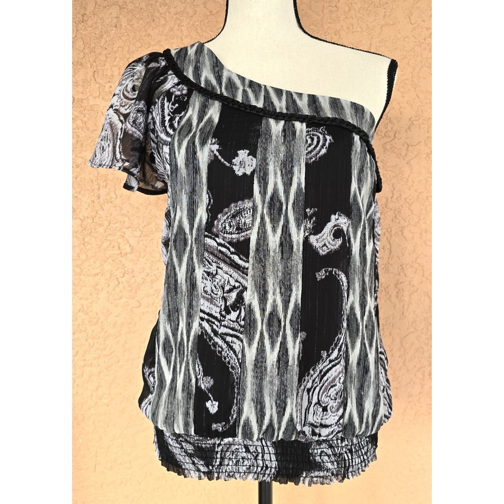 Grass Collection One Shoulder Paisley Ikat Blouse Black White Smocked Hem M